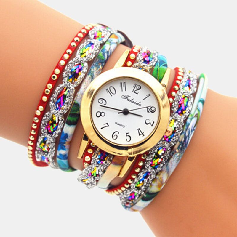 Deffrun Vintage Färgglada Tryck Dam Armband Watch Flerlagers Metall Rhinestone Pu Quartz Watch