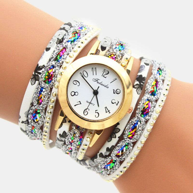 Deffrun Vintage Färgglada Tryck Dam Armband Watch Flerlagers Metall Rhinestone Pu Quartz Watch