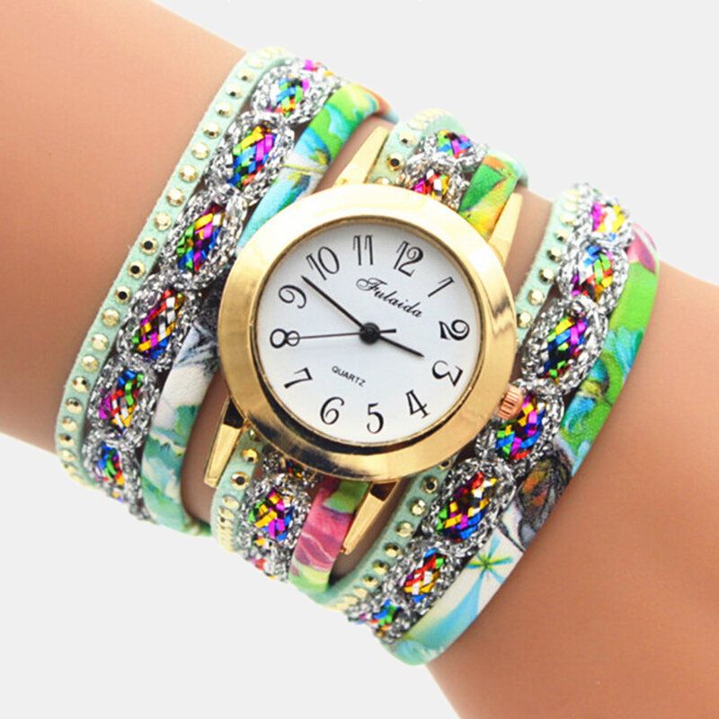 Deffrun Vintage Färgglada Tryck Dam Armband Watch Flerlagers Metall Rhinestone Pu Quartz Watch