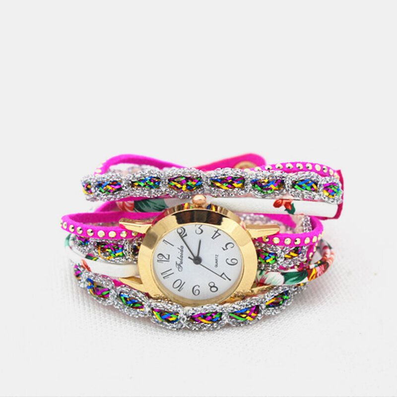 Deffrun Vintage Färgglada Tryck Dam Armband Watch Flerlagers Metall Rhinestone Pu Quartz Watch