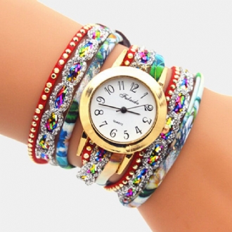 Deffrun Vintage Färgglada Tryck Dam Armband Watch Flerlagers Metall Rhinestone Pu Quartz Watch