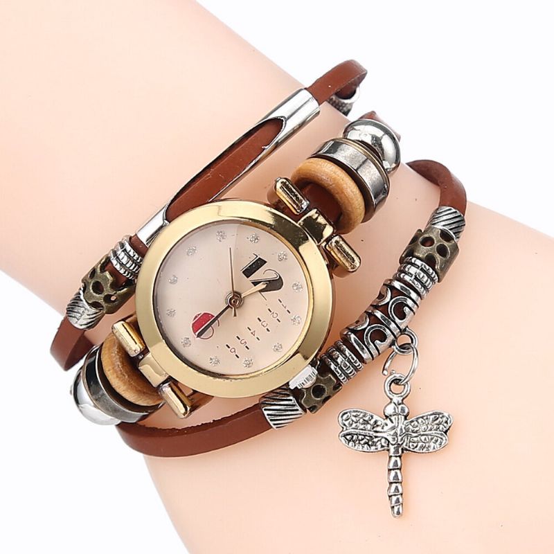 Deffrun Vintage Flerlager Dam Armbandsklocka Diamond Dragonfly Pendel Läderband Quartz Watch