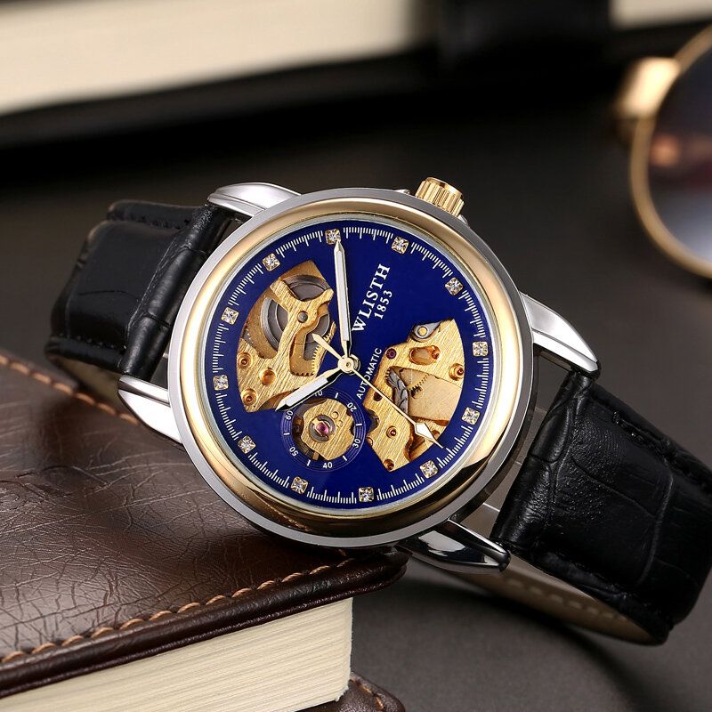 Fashion Hollow Dial Luminous Pointer Business Style Herrklocka Automatisk Mekanisk Klocka