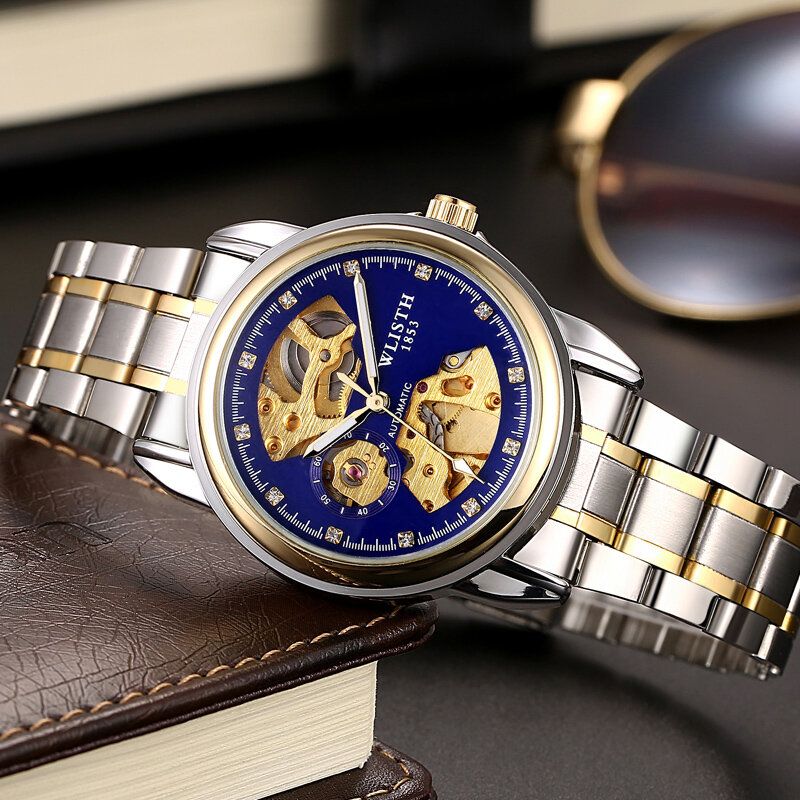 Fashion Hollow Dial Luminous Pointer Business Style Herrklocka Automatisk Mekanisk Klocka