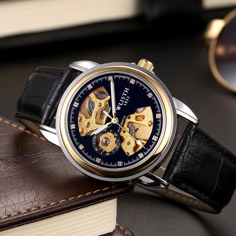 Fashion Hollow Dial Luminous Pointer Business Style Herrklocka Automatisk Mekanisk Klocka