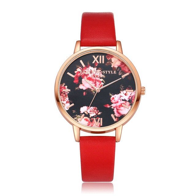 Flower Display Elegant Design Dam Armbandsur Pu Läder Band Quartz Watch