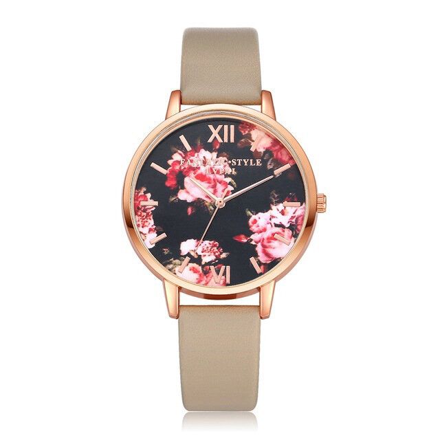 Flower Display Elegant Design Dam Armbandsur Pu Läder Band Quartz Watch