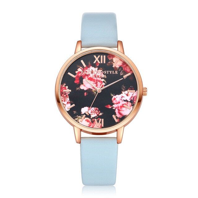 Flower Display Elegant Design Dam Armbandsur Pu Läder Band Quartz Watch