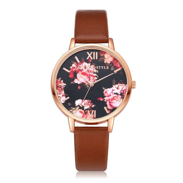 Flower Display Elegant Design Dam Armbandsur Pu Läder Band Quartz Watch