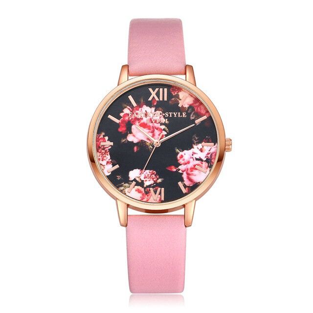 Flower Display Elegant Design Dam Armbandsur Pu Läder Band Quartz Watch