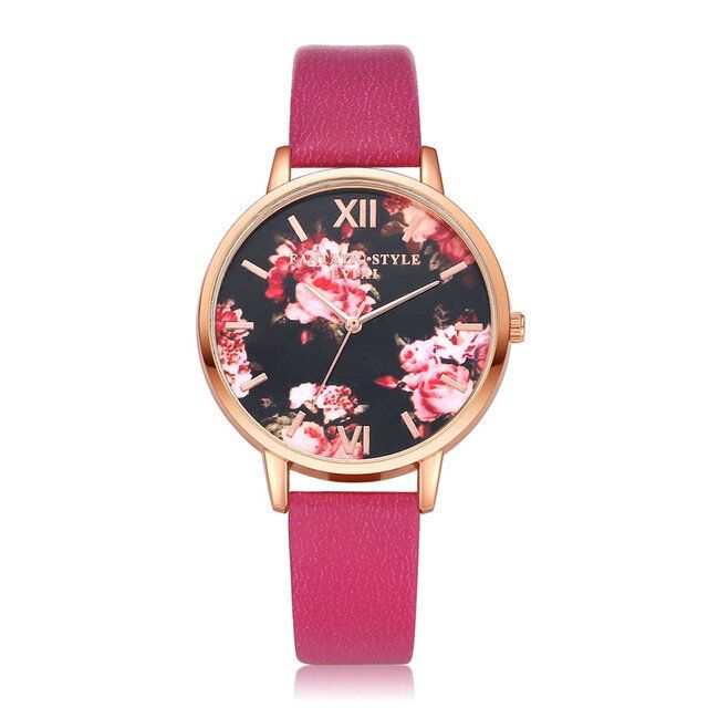 Flower Display Elegant Design Dam Armbandsur Pu Läder Band Quartz Watch