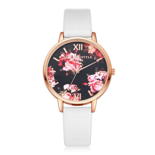 Flower Display Elegant Design Dam Armbandsur Pu Läder Band Quartz Watch