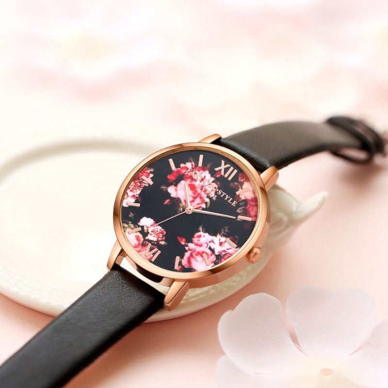 Flower Display Elegant Design Dam Armbandsur Pu Läder Band Quartz Watch