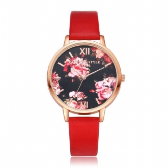 Flower Display Elegant Design Dam Armbandsur Pu Läder Band Quartz Watch