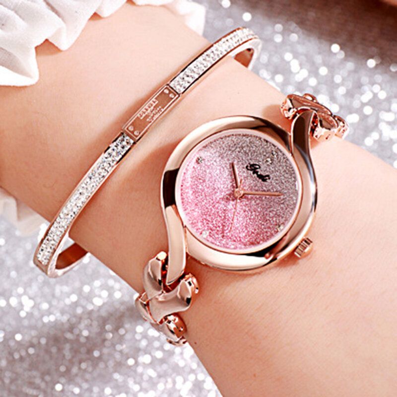 Gedi Mode Elegant Lyx Kristall Gradient Färg Urtavla Legering Armband Dam Armband Armbandsur Quartz Watch