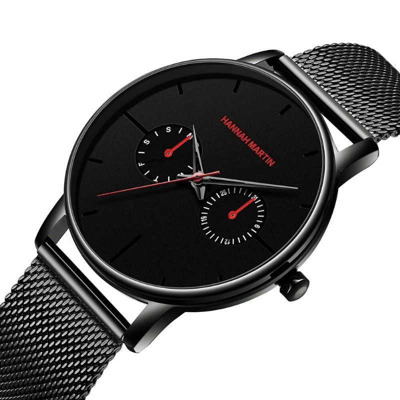 Hannah Martin Mode Casual Med Kalender Dual Dial Steel Mesh / Pu Läderrem 3atm Vattentät Herr Quartz Watch