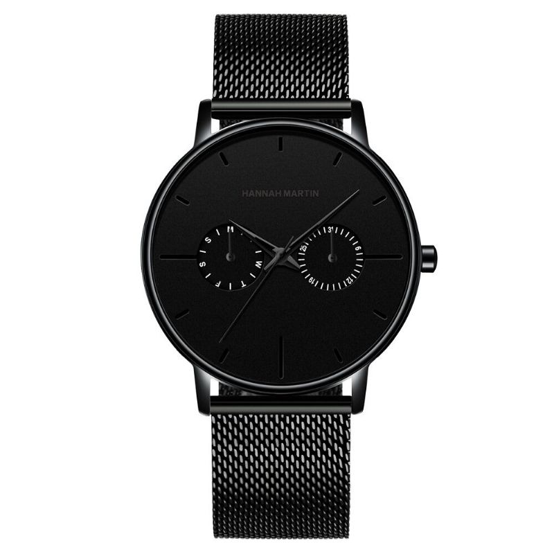 Hannah Martin Mode Casual Med Kalender Dual Dial Steel Mesh / Pu Läderrem 3atm Vattentät Herr Quartz Watch