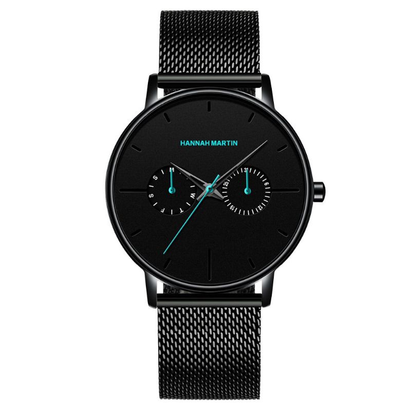 Hannah Martin Mode Casual Med Kalender Dual Dial Steel Mesh / Pu Läderrem 3atm Vattentät Herr Quartz Watch