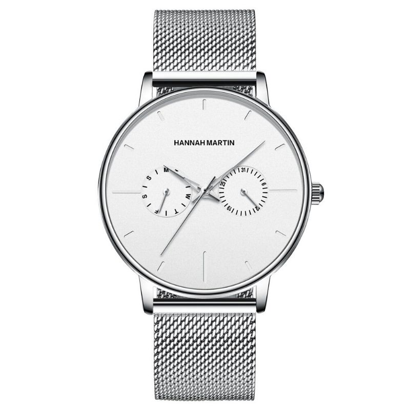 Hannah Martin Mode Casual Med Kalender Dual Dial Steel Mesh / Pu Läderrem 3atm Vattentät Herr Quartz Watch