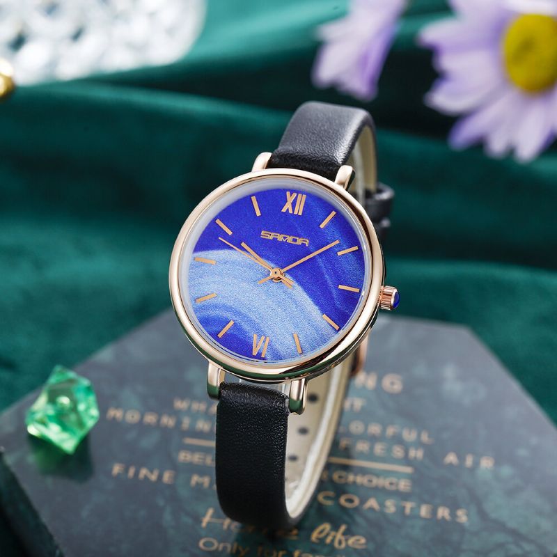 Helt Stålband Crace And Ease Starry Sky Fashion Dial Läderrem Damklocka Quartz Watch