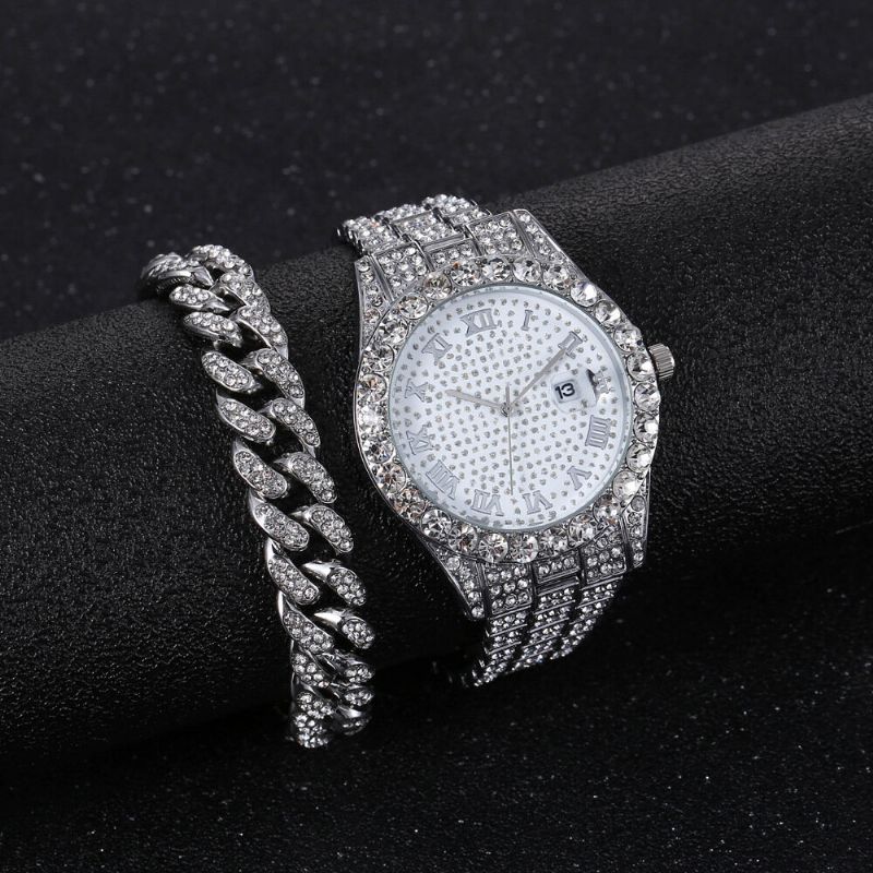 Hip Hop Lyx 2 St Hip-hop Kedja Full Diamond Watch Armband Lady Quartz Watch