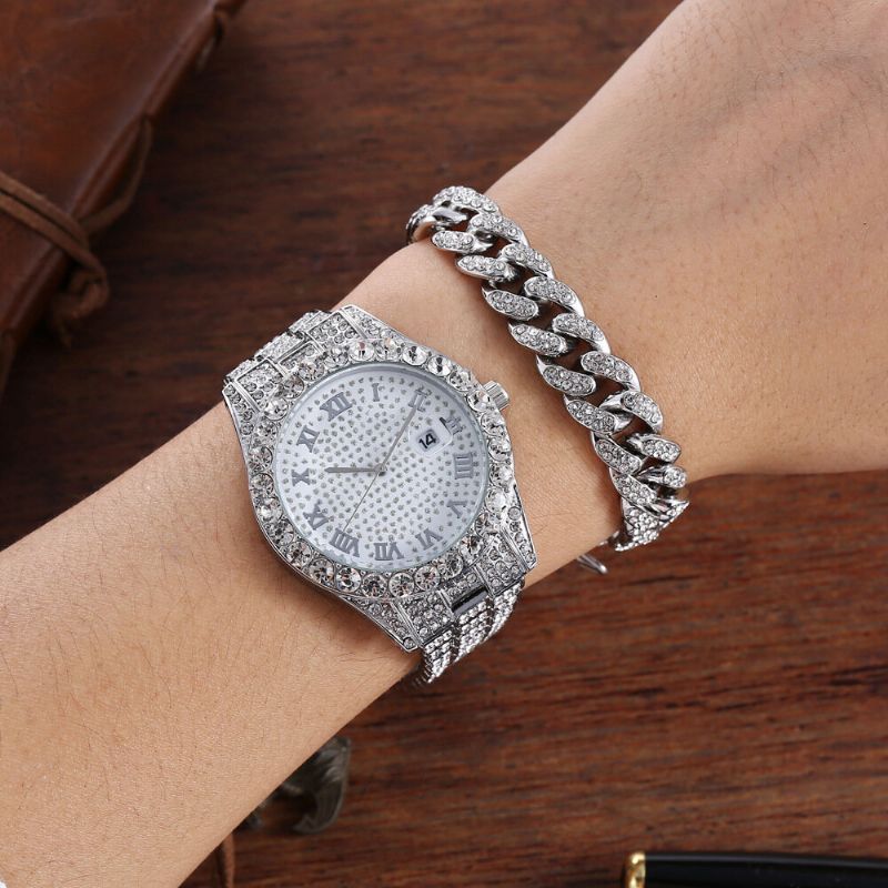 Hip Hop Lyx 2 St Hip-hop Kedja Full Diamond Watch Armband Lady Quartz Watch