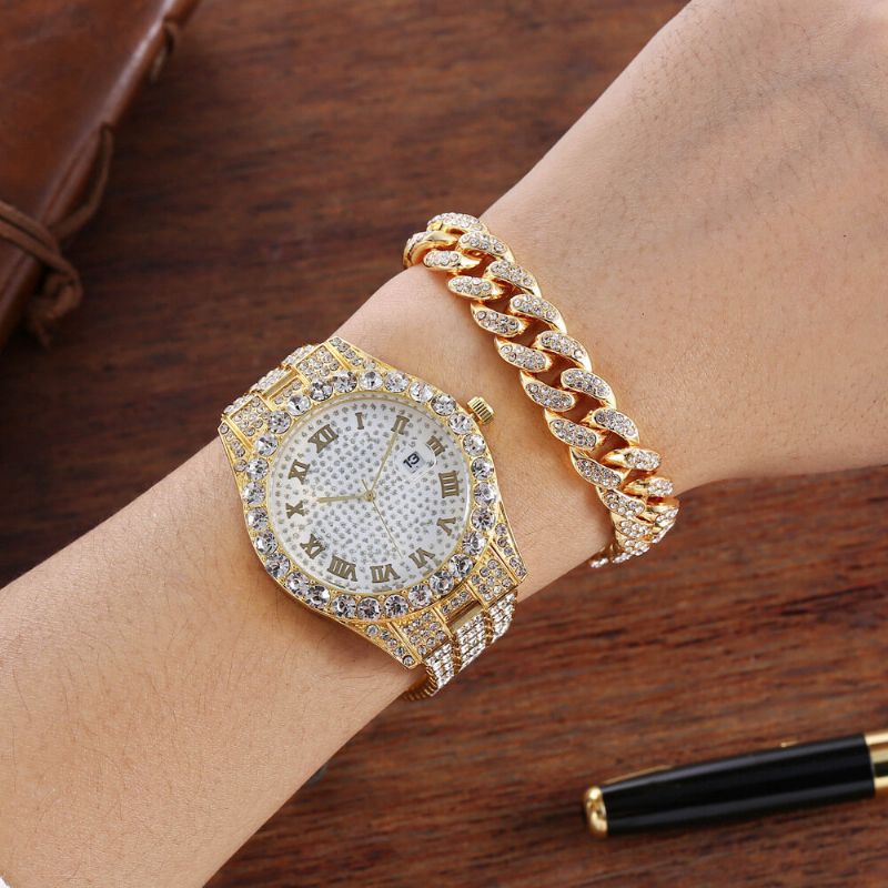 Hip Hop Lyx 2 St Hip-hop Kedja Full Diamond Watch Armband Lady Quartz Watch