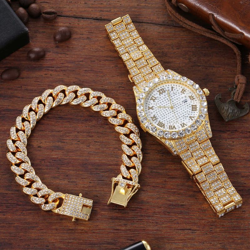 Hip Hop Lyx 2 St Hip-hop Kedja Full Diamond Watch Armband Lady Quartz Watch