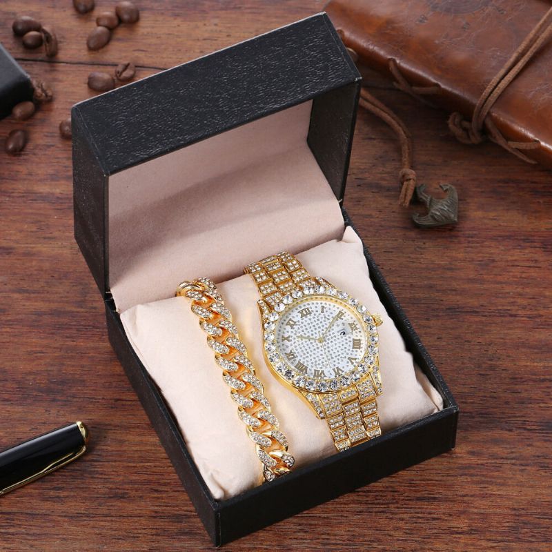 Hip Hop Lyx 2 St Hip-hop Kedja Full Diamond Watch Armband Lady Quartz Watch