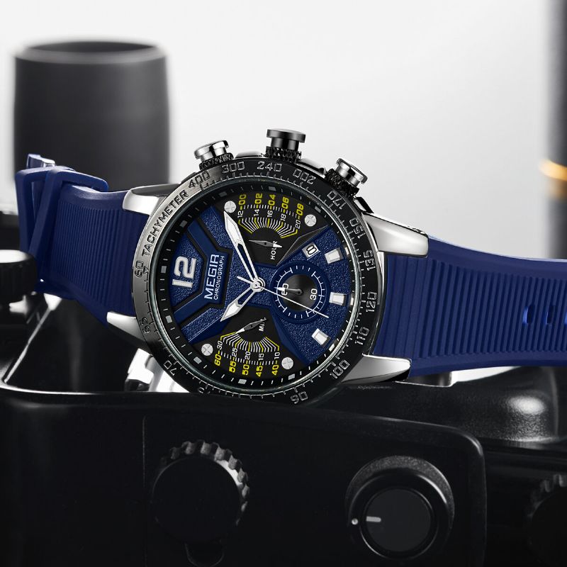 Luminous Dial Calendar Chronograph Silikonrem Herr Vattentät Sport Quartz Watch