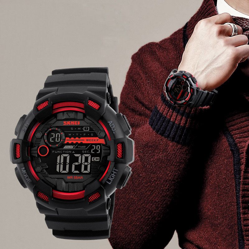 Luminous Week Display Stoppur Countdown 5atm Vattentät Dual-time Sport Herr Digital Watch