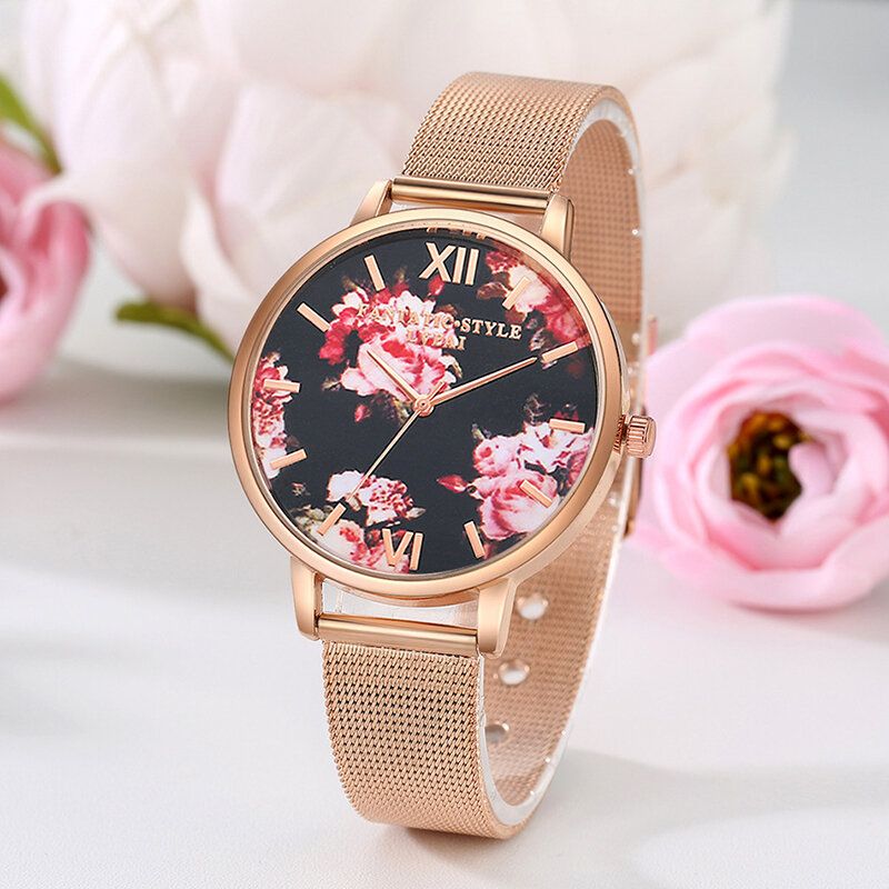 Mesh Stålband Casual Style Damarmbandsur Flower Elegant Design Quartz Watch