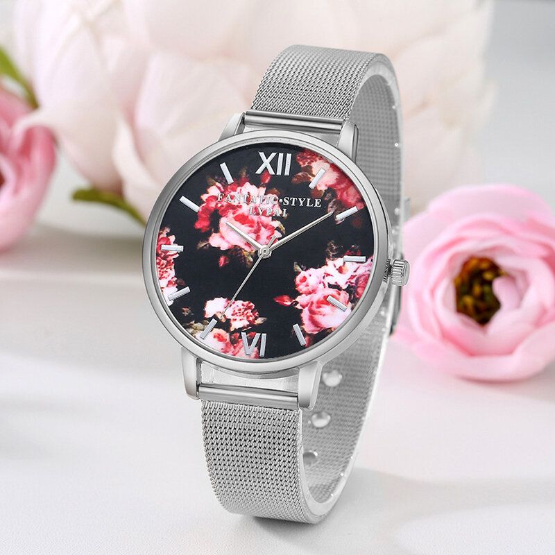 Mesh Stålband Casual Style Damarmbandsur Flower Elegant Design Quartz Watch