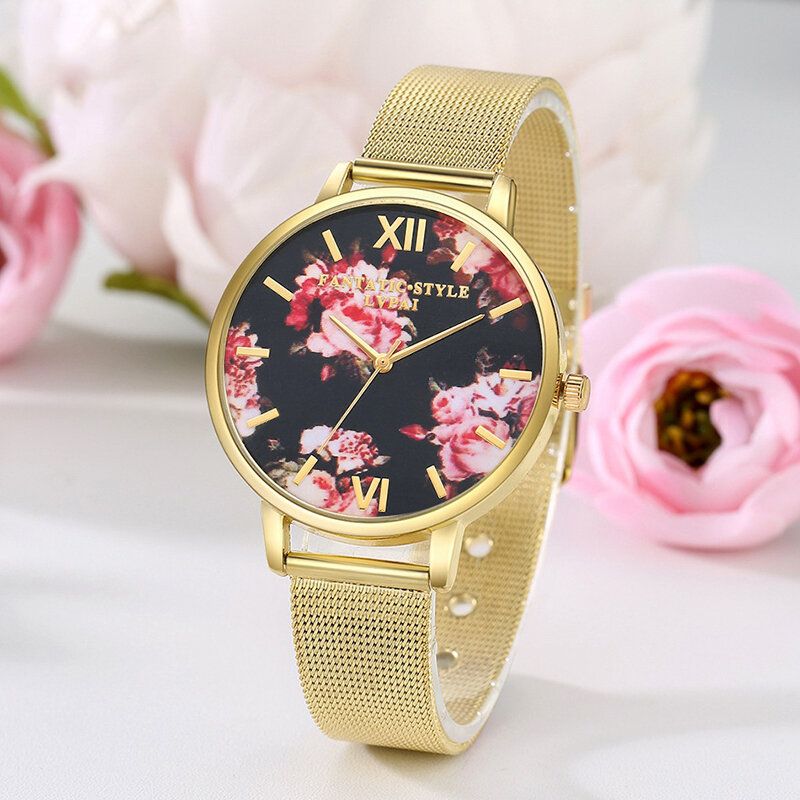 Mesh Stålband Casual Style Damarmbandsur Flower Elegant Design Quartz Watch