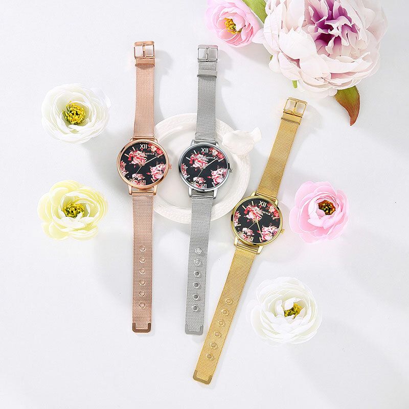 Mesh Stålband Casual Style Damarmbandsur Flower Elegant Design Quartz Watch