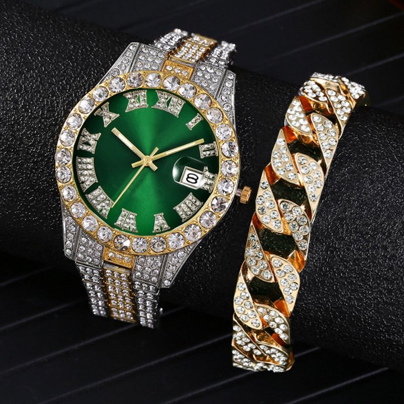 Mode 2 St/set Alloy Diamond Business Watch Dekorerad Pointer Quartz Watch Armband