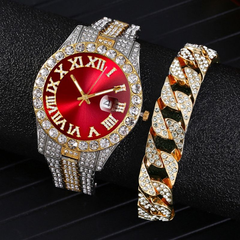 Mode 2 St/set Alloy Diamond Business Watch Dekorerad Pointer Quartz Watch Armband