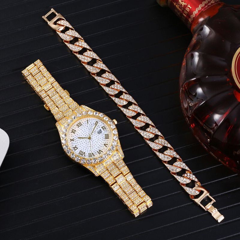 Mode 2 St/set Alloy Diamond Business Watch Dekorerad Pointer Quartz Watch Armband