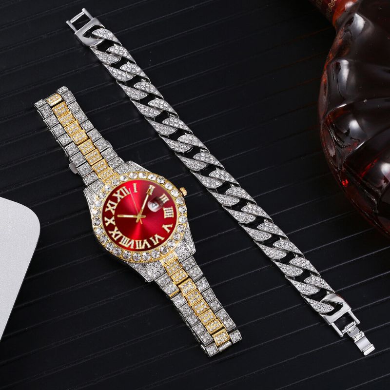 Mode 2 St/set Alloy Diamond Business Watch Dekorerad Pointer Quartz Watch Armband