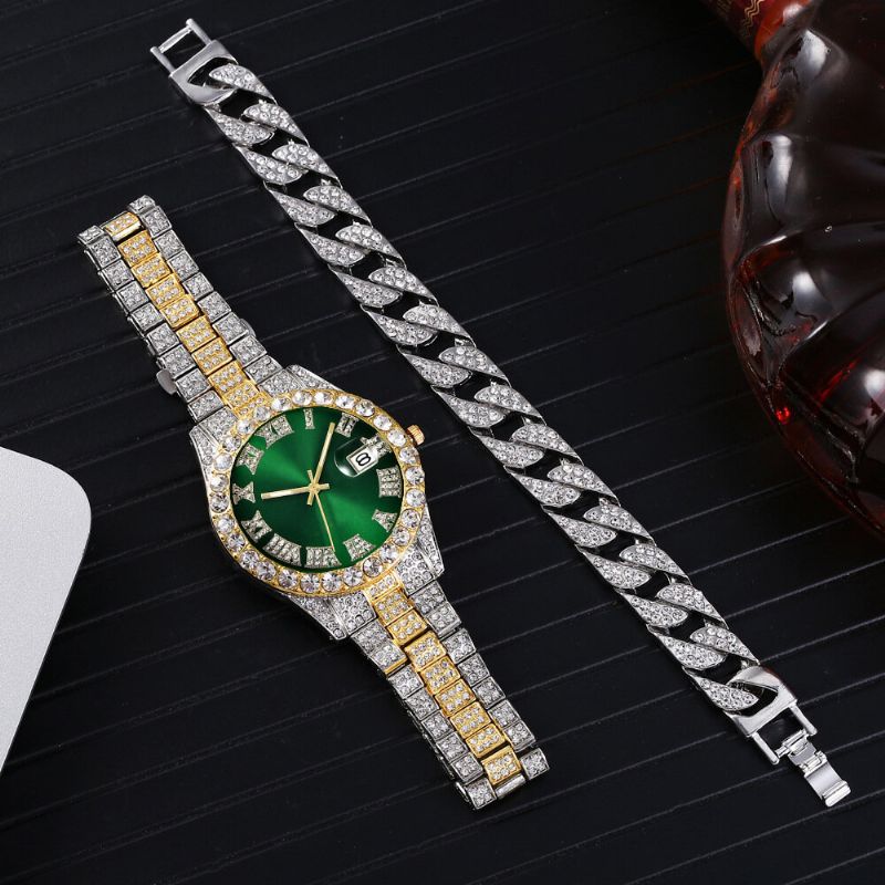 Mode 2 St/set Alloy Diamond Business Watch Dekorerad Pointer Quartz Watch Armband