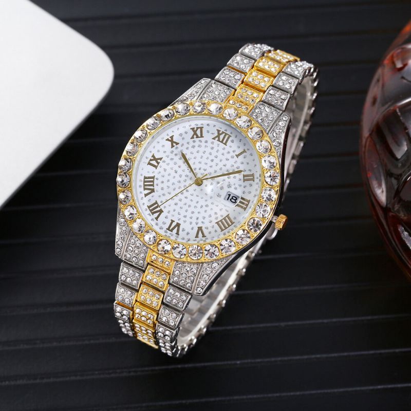 Mode 2 St/set Alloy Diamond Business Watch Dekorerad Pointer Quartz Watch Armband