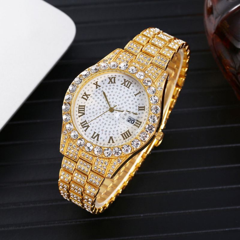 Mode 2 St/set Alloy Diamond Business Watch Dekorerad Pointer Quartz Watch Armband