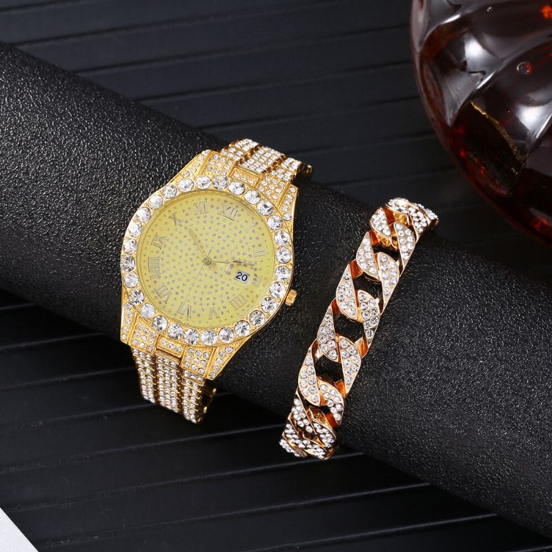 Mode 2 St/set Alloy Diamond Business Watch Dekorerad Pointer Quartz Watch Armband