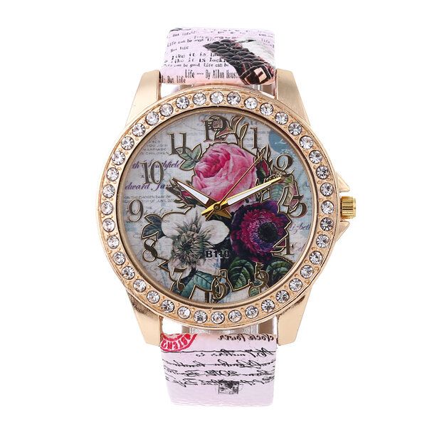 Mode Bohemia Style Damklocka Läderrem Retro Rose Pattern Quartz Watch