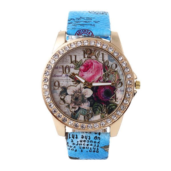 Mode Bohemia Style Damklocka Läderrem Retro Rose Pattern Quartz Watch