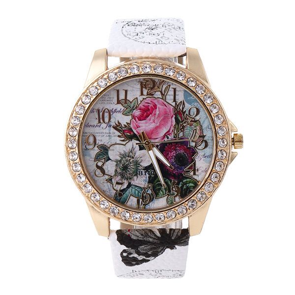 Mode Bohemia Style Damklocka Läderrem Retro Rose Pattern Quartz Watch