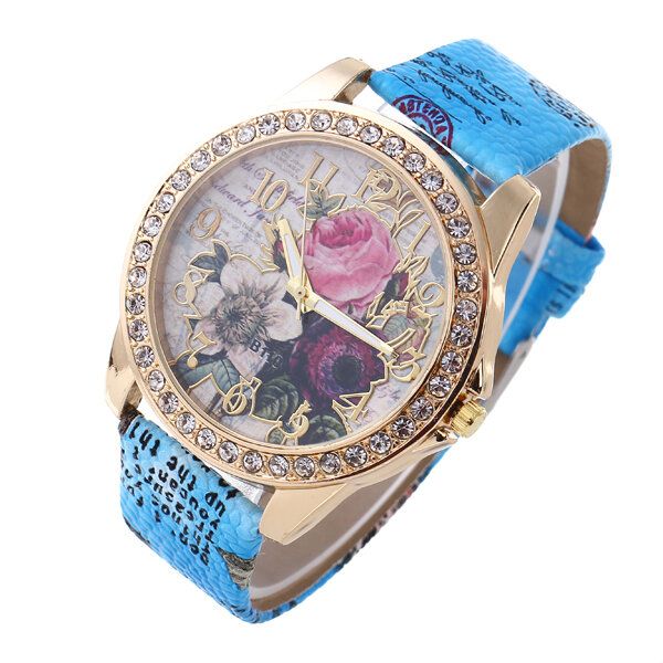 Mode Bohemia Style Damklocka Läderrem Retro Rose Pattern Quartz Watch