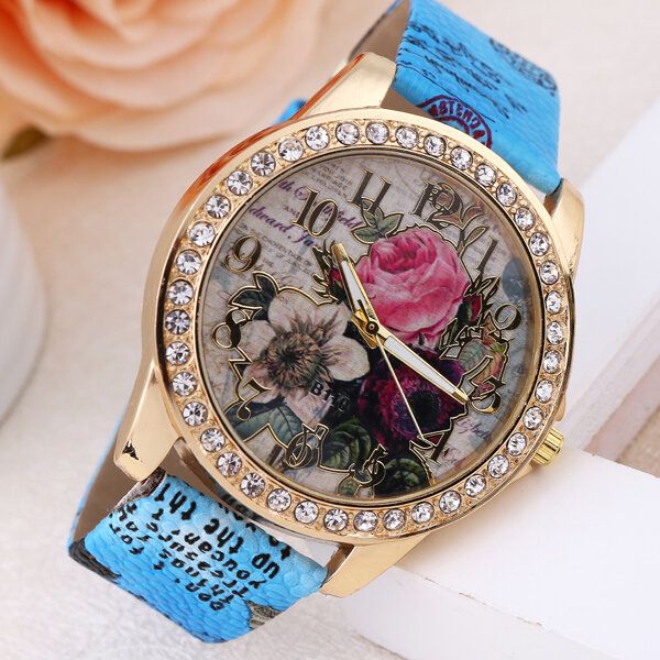 Mode Bohemia Style Damklocka Läderrem Retro Rose Pattern Quartz Watch