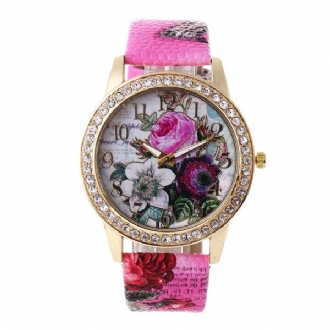 Mode Bohemia Style Damklocka Läderrem Retro Rose Pattern Quartz Watch