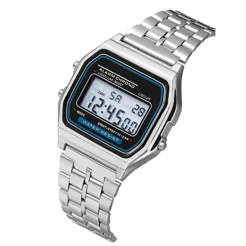 Mode Casual 12/24-timmars Led-skärm Nedräkning Stoppur Stålrem Vattentät Dam Digital Watch